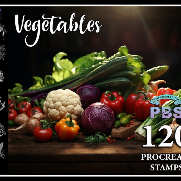 120 Procreate Vegetable Stamps, Vegetable brush for procreate, Vegetables procreate stamp, instant digital download.
