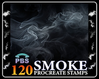 Puede incluir: 120 sellos de humo Procreate. Una descarga digital de 120 sellos de efecto de humo para usar en la aplicación Procreate. Los sellos son blancos sobre un fondo negro.
