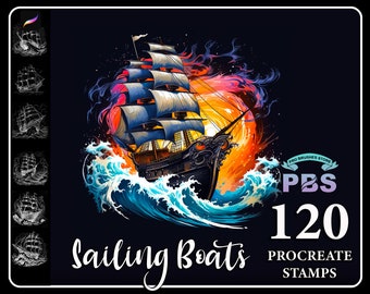 120 Timbres de bateau à voile procréer, timbres de bateau pirate pour procréer, brosse de procréation de bateau à voile, téléchargement numérique instantané.