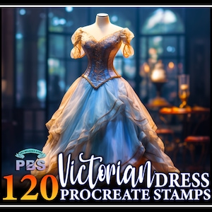 May include: A set of 120 Procreate stamps featuring Victorian-style dresses. The stamps are black and white line drawings of various dresses with different styles of sleeves, necklines, and skirts. The stamps are perfect for creating digital illustrations and designs.