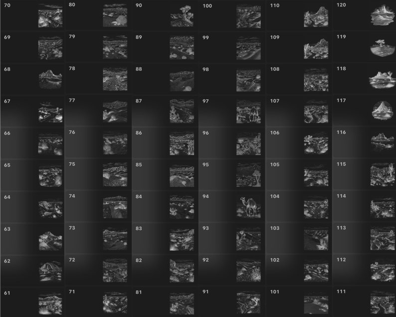 May include: A black and white image of a series of 120 small squares, each containing a different image. The images are all abstract and appear to be made up of lines and shapes. The squares are arranged in a grid of 12 rows and 10 columns. Each square is numbered from 61 to 120.