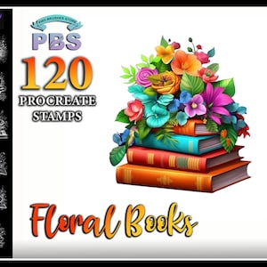 May include: A set of 120 Procreate stamps featuring colorful floral arrangements on top of stacked books. The text "PBS 120 PROCREATE STAMPS" is displayed in the upper left corner of the image. The text "Floral Books" is displayed in the lower left corner of the image.