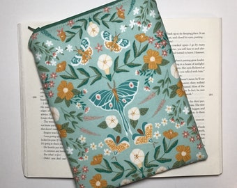 Kindle Tablet Book Journal Sleeve with Zipper - Lunar Moth on Mint - Floral Case