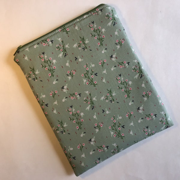 Kindle Tablet Book Journal Sleeve with Zipper - Pink Wildflowers on Green - Floral Case