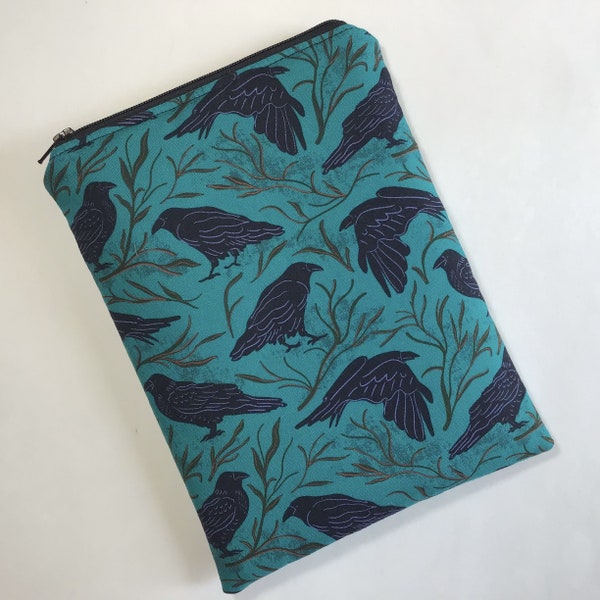 Kindle Tablet EBook Journal Book or Passport Sleeve with Zipper - Turquoise Green with Black Ravens - Add on Pockets