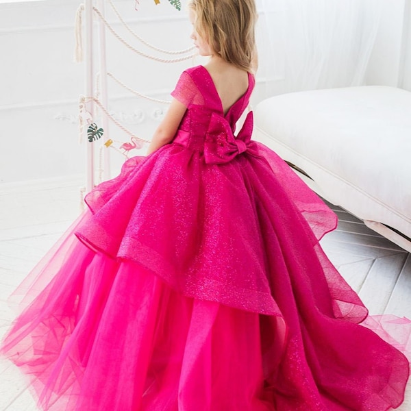 Hot pink flower Girl Dress, Tulle Tutu Wedding Dresses, Baby Princess Dress, Toddler Dresses, White Tulle Flower Girl Dress, Weddings