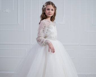 White lace flower long dress, Communion Dress, White tulle flower girl dress,Wedding baby dress, Festive girl dress, Birthday dress
