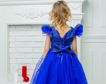 Royal blue glitter formal flower girl dress for special occasion bridesmaid party wedding pageant first communion photoshoot ball gown