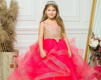 Tulle flower girl dress, coral flower girl dress, wedding dress,Lace flower girl dress,Baby flower girl dress,Tutu flower girl dress