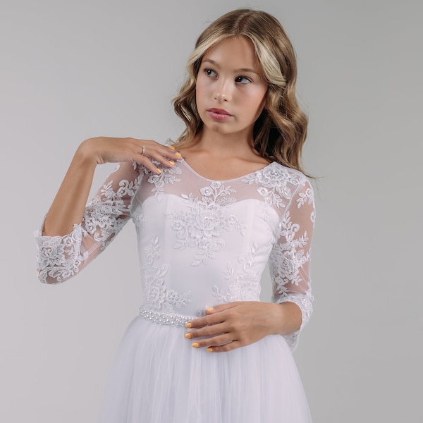 White lace first communion dress catholic First holy communion dress with long sleeve Clothing for special occasion kommunionkleid