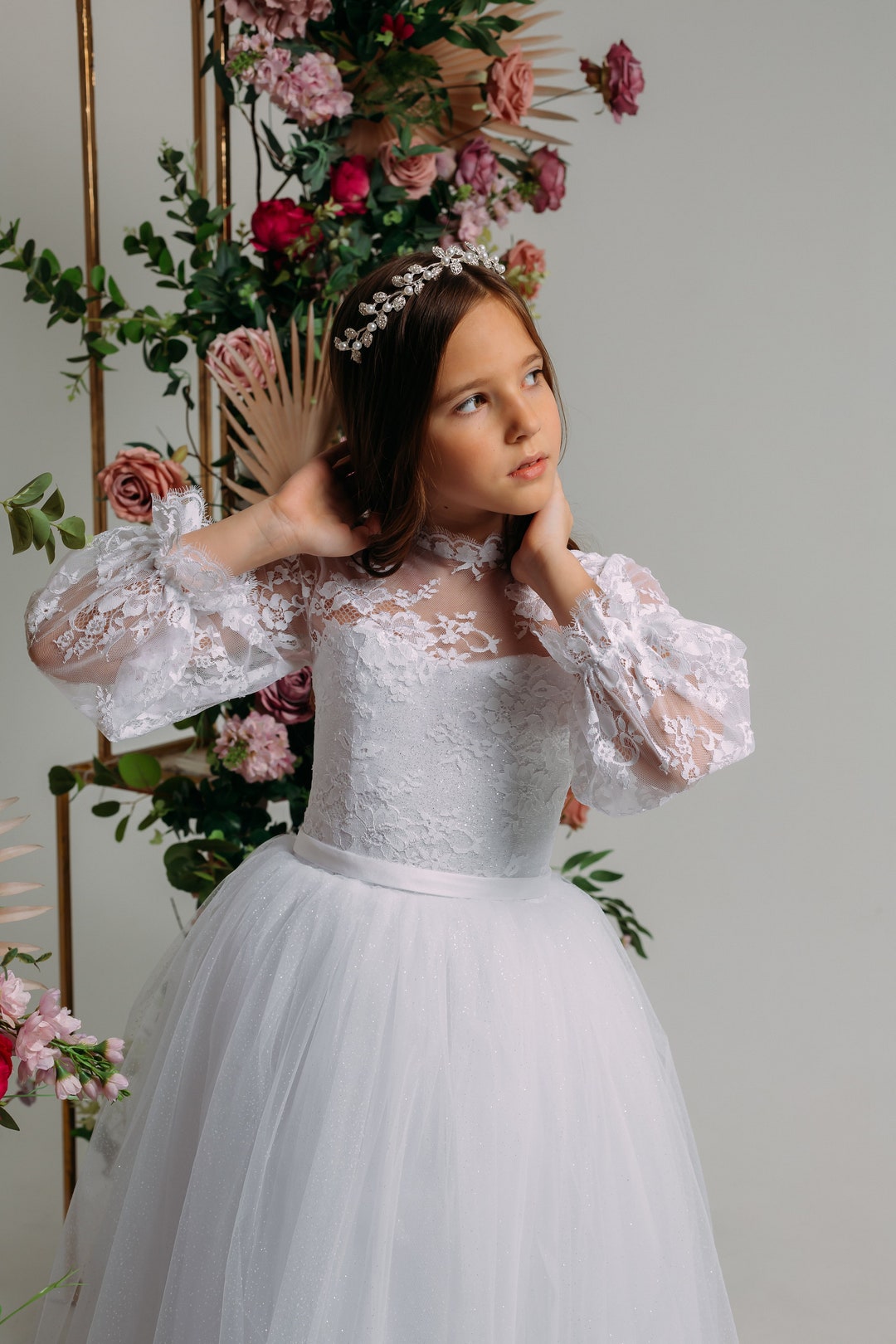Buy White Lace First Communion Dress: Voluminous Skirt, Long Sleeves Online  in India