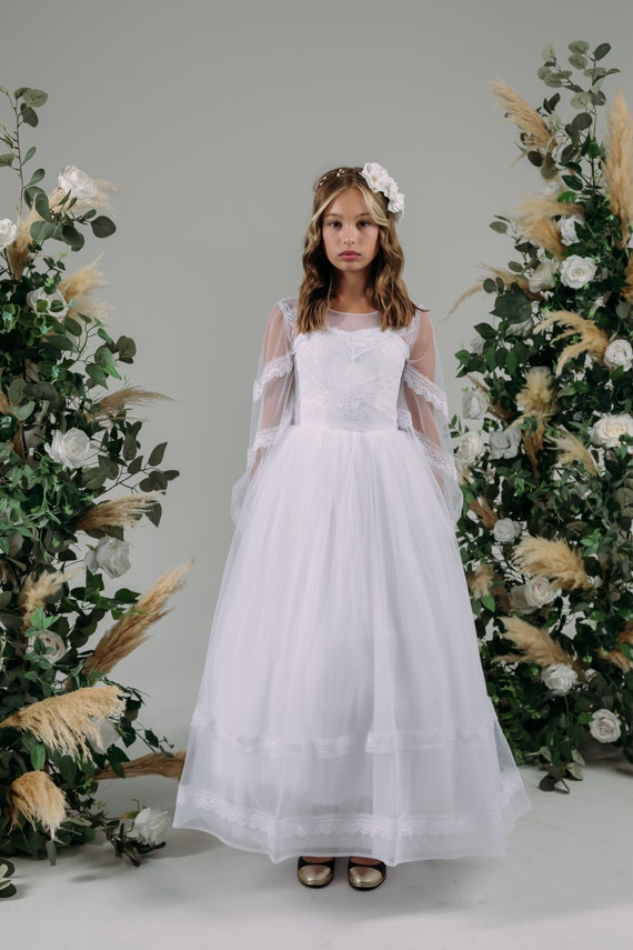 First communion dress catholic 1st communion lace flower girl dress with long sleeve holy communion dress for girl