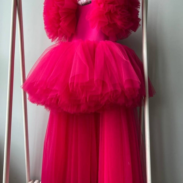 Robes de demoiselle d'honneur rose vif style Barbie, robes de mariée en tulle super gonflées, robe de princesse pour bébé, enfant en bas âge, robe de fille volumineuse