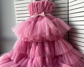 Blush tulle Girl dress 2 in 1 with detachable train for Special Occasion, multilayered tutu Girl Dress,  Baby Girl Party Dress Wedding