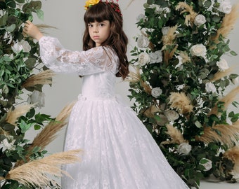 Exclusive lace first communion dress catholic First holy communion dress with long sleeve Clothing for special occasion kommunionkleid