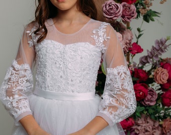 Abito per la prima comunione Abito per la Santa Comunione, Ragazza di fiori in tulle bianco, Abito da principessa Abito bianco per il primo compleanno Abbigliamento per occasioni speciali