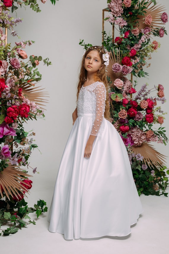 Vestido blanco para niña de la Primera Comunión con flores para niña USA  2-20