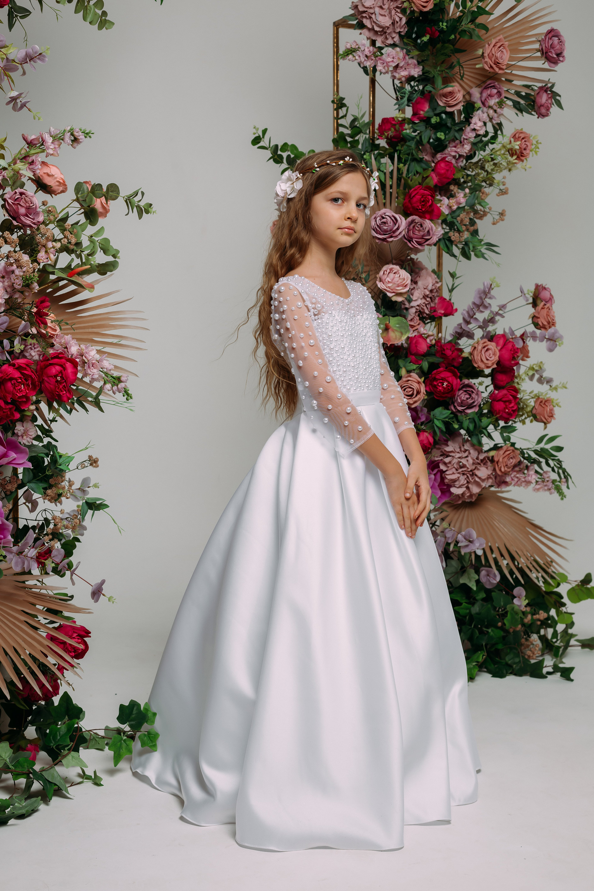 White Satin First Communion Dress With Pearls First Holy Communion Dress With Long Sleeve Clothing for Special Occasion Kommunionkleid Etsy UK