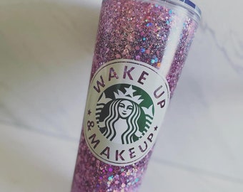 Make Up  //Wake Up  // 24oz cold cup// Starbucks tumbler// glitter Starbucks Tumbler// Custom Starbucks Tumbler