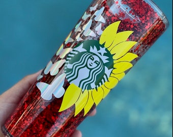 Roses and Sunflowers // Red glitter// Sunflower // 24oz cold cup// Starbucks tumbler// glitter Starbucks Tumbler// Custom Starbucks Tumbler