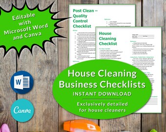 Può includere: Una grafica verde e bianca con il testo "House Cleaning Business Checklists" e "Instant Download" su uno sfondo di legno. La grafica è circondata da prodotti per la pulizia, tra cui una spugna gialla, un guanto di pulizia rosa e uno spruzzino.
