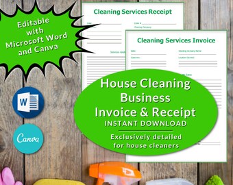 INVOICE and RECEIPT - Housecleaning Business Template | EDITABLE Word Doc | Canva Template | Pdf Printable Download