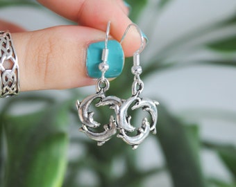Dolphin Trio Silver Plated Charm Drop Earrings