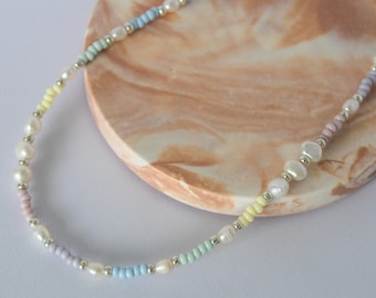Elodie Pastel Beaded Pearl Necklace | Pastel Rainbow Dainty Seed Bead Summer Freshwater Pearl Jewellery