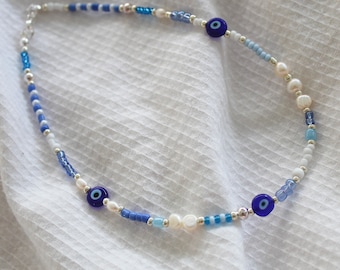 Ava Beaded Pearl Necklace | Blue White Silver and Cream Seed Bead Jewellery Evil Eye Freshwater Pearl Summer Necklace
