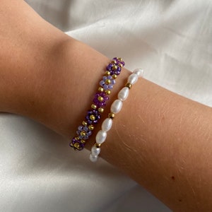 Daisy Flower Beaded Bracelets | Handmade Purple Seed Bead Jewellery | Friendship Bracelet | Aesthetic Gift for Her | Women’s Bracelet