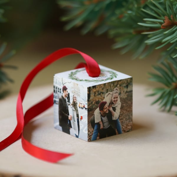 personalized Christmas ornament, customized photo gift, family name on ornament,  holiday keepsake, tree decoration, wood ornament, 4 photo