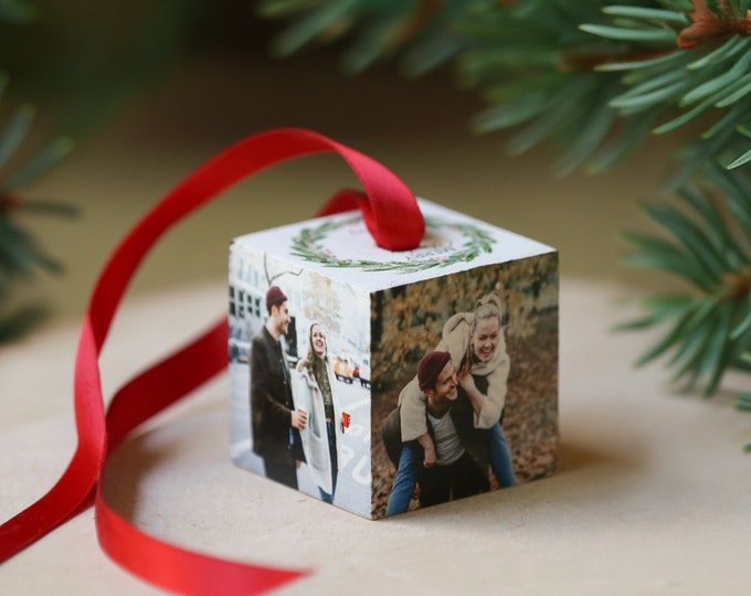 personalized Christmas ornament, customized photo gift, family name on ornament,  holiday keepsake, tree decoration, wood ornament, 4 photo
