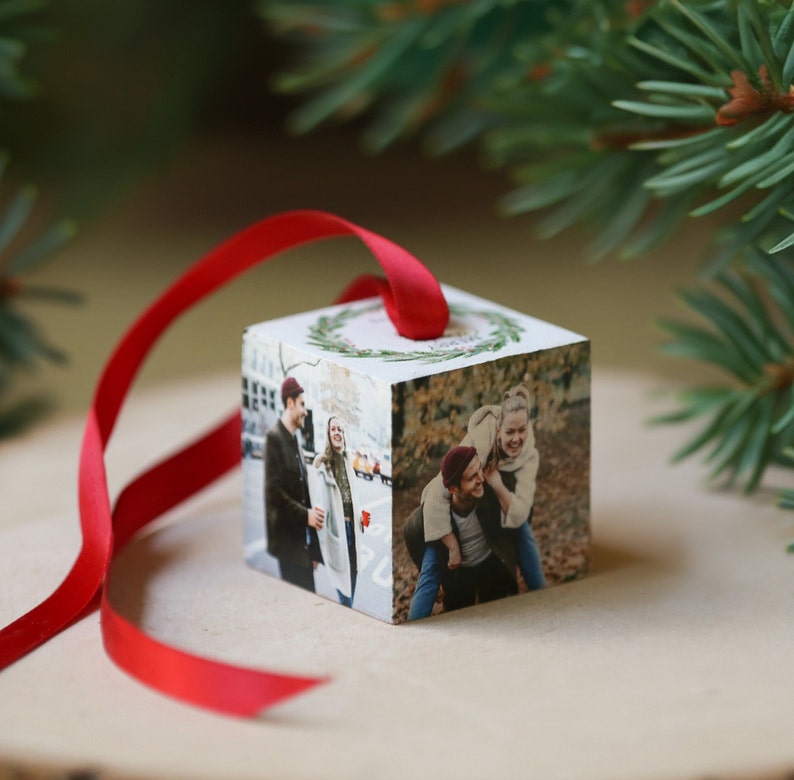 personalized Christmas ornament, customized photo gift, family name on ornament, holiday keepsake, tree decoration, wood ornament, 4 photo image 1