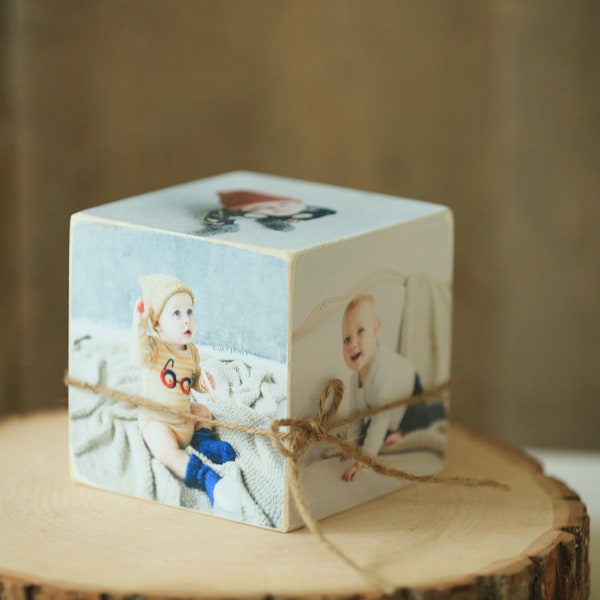 baby photo cube, baby portraits with birth stats, text with photos on photo cube,