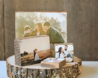 photos on barn wood, your photos on reclaimed boards, printed portraits on blocks, wedding gift, family picture frame idea, anniversary gift