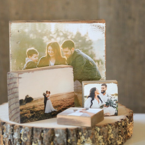 photos on barn wood, your photos on reclaimed boards, printed portraits on blocks, wedding gift, family picture frame idea, anniversary gift