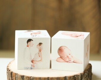 set of 2 baby photo cubes, belly & baby portraits before and after cubes, baby shower gift, new baby gift set, personalized photo/baby stats