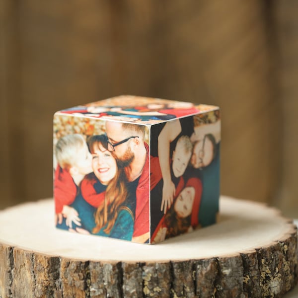 Wooden photo cube, picture block, family photo idea, wedding gift, anniversary,  images on wood, 6-sided frame, your portraits framed