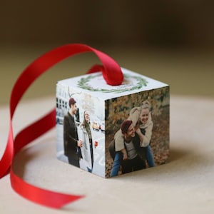 personalized Christmas ornament, customized photo gift, family name on ornament, holiday keepsake, tree decoration, wood ornament, 4 photo image 1