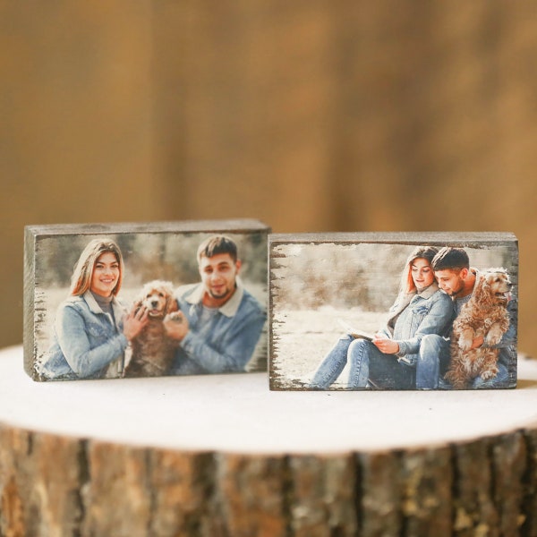 2 barn wood blocks 2.5x4, free text on one, wedding photos on wood, your photos on wood, printed family portrait, wedding gift, anniversary