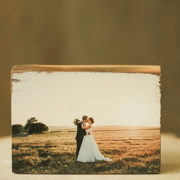 5x7 photo on barn wood, 5-year anniversary gift husband,  reclaimed boards, printed portraits blocks, memory of wedding, gift for him