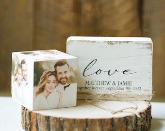 set 4" wedding photo cube and 5x7 photo block, wedding photo gift idea, bride photo gift set, wedding/anniversary gift, customized gift set