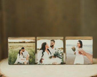 mini barn wood photo blocks, wedding photos on reclaimed planks, 2.5-inch squares of real barn wood, wedding gift, customized wedding photo