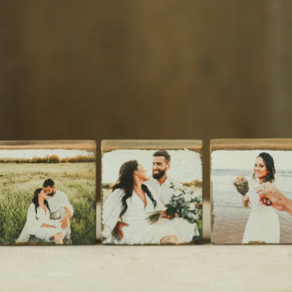 mini barn wood photo blocks, wedding photos on reclaimed planks, 2.5-inch squares of real barn wood, wedding gift, customized wedding photo
