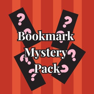 May include: A red background with vertical stripes, featuring black rectangles with pink question marks and the words "Bookmark Mystery Pack" in white. The design suggests a surprise or unknown content.