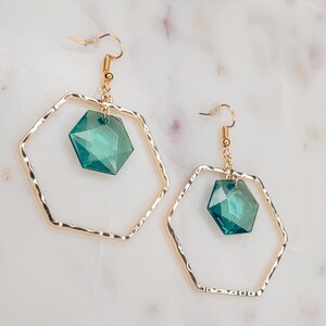 Geometric Gold Hexagon Green Jewel Dangle Earrings