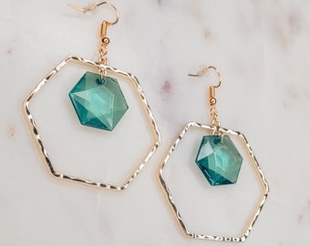 Geometric Gold Hexagon Green Jewel Dangle Earrings