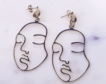 Minimaliat Abstract Sketch Face Picasso Gold Dangle Earrings