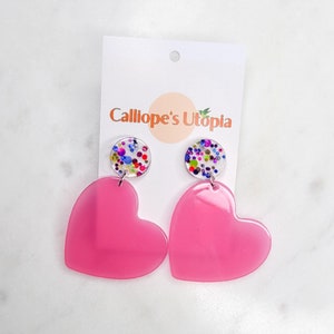 Heart Shaped Lucite Glitter Resin Dangle Earrings
