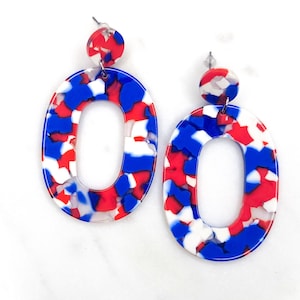 Confetti Resin Red White and Blue Oval Hoop Earrings